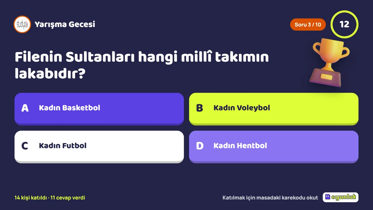 Yarışma Gecesi televizyon ekranı: soru, dört şık, süre